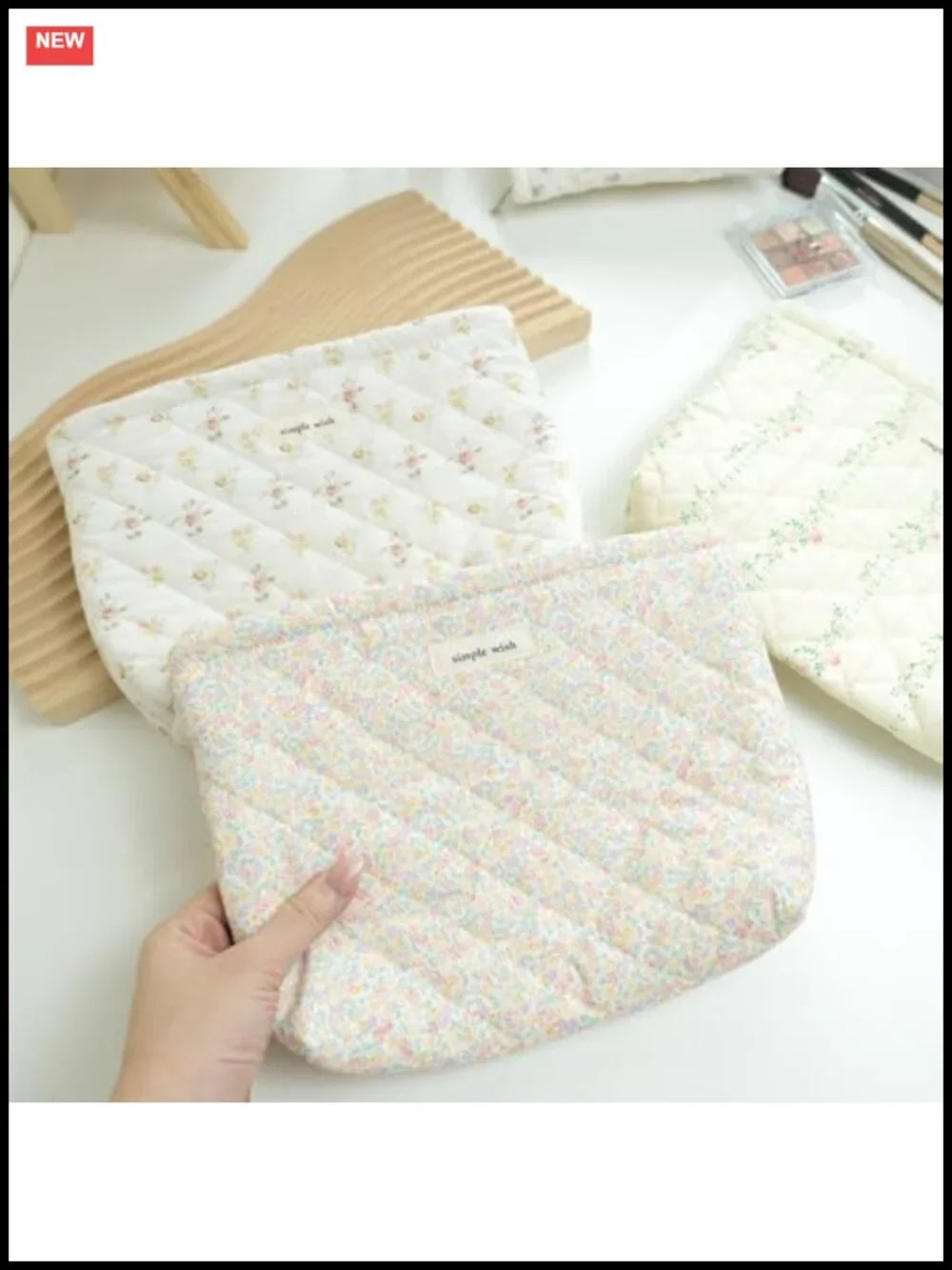 Large Quilted Floral Cotton Makeup Bag with Zipper, Travel Toiletry Organizer